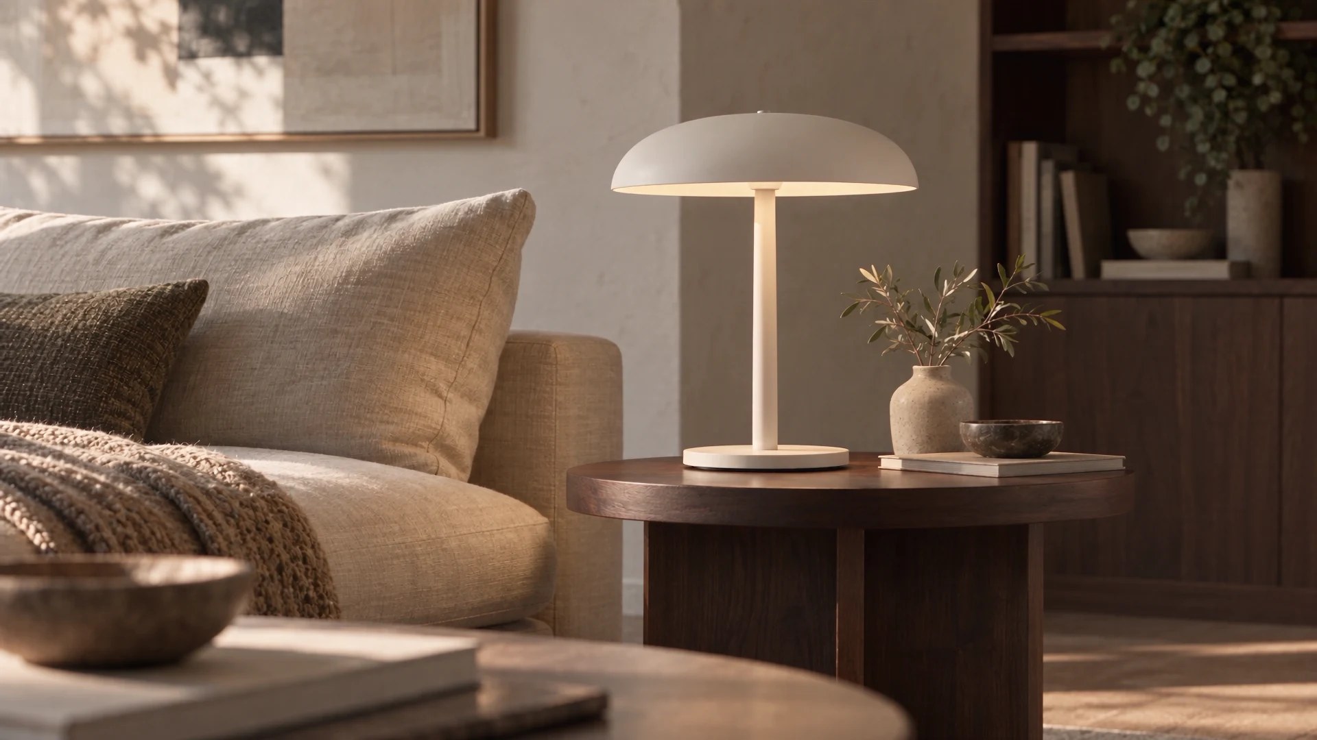 Intérieur ensoleillé avec une lampe crème, une table en noyer et du lin